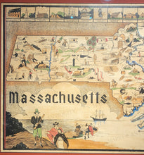 Load image into Gallery viewer, Framed vintage map of Massachusetts with illustrations framed with a red mat and wood frame.