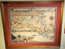 Load image into Gallery viewer, Framed vintage map of Massachusetts with illustrations framed with a red mat and wood frame.