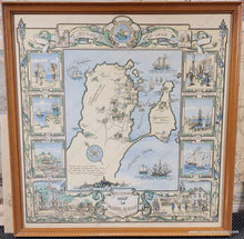 Load image into Gallery viewer, Antique map showing the town of Marblehead, Massachusetts, at center with illustrations of notable buildings and notable ships in the sea. Surrounding the map are scenes historical events and local industries like fishing. Colors of buttery light yellow, green, and light blue. Decorative scrollwork, fishes, lobsters, and the town seal. Framed in a vintage medium-tone wood frame