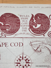 Load image into Gallery viewer, Map of Cape Cod with decorative borders and ship illustrations in a cranberry red color.