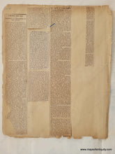 Load image into Gallery viewer, Old piece of paper with newspaper clippings attached. This paper is affixed to the back of the Boston map. It seems that someone put the map into their scrapbook, thus preserving it for over 100 years.