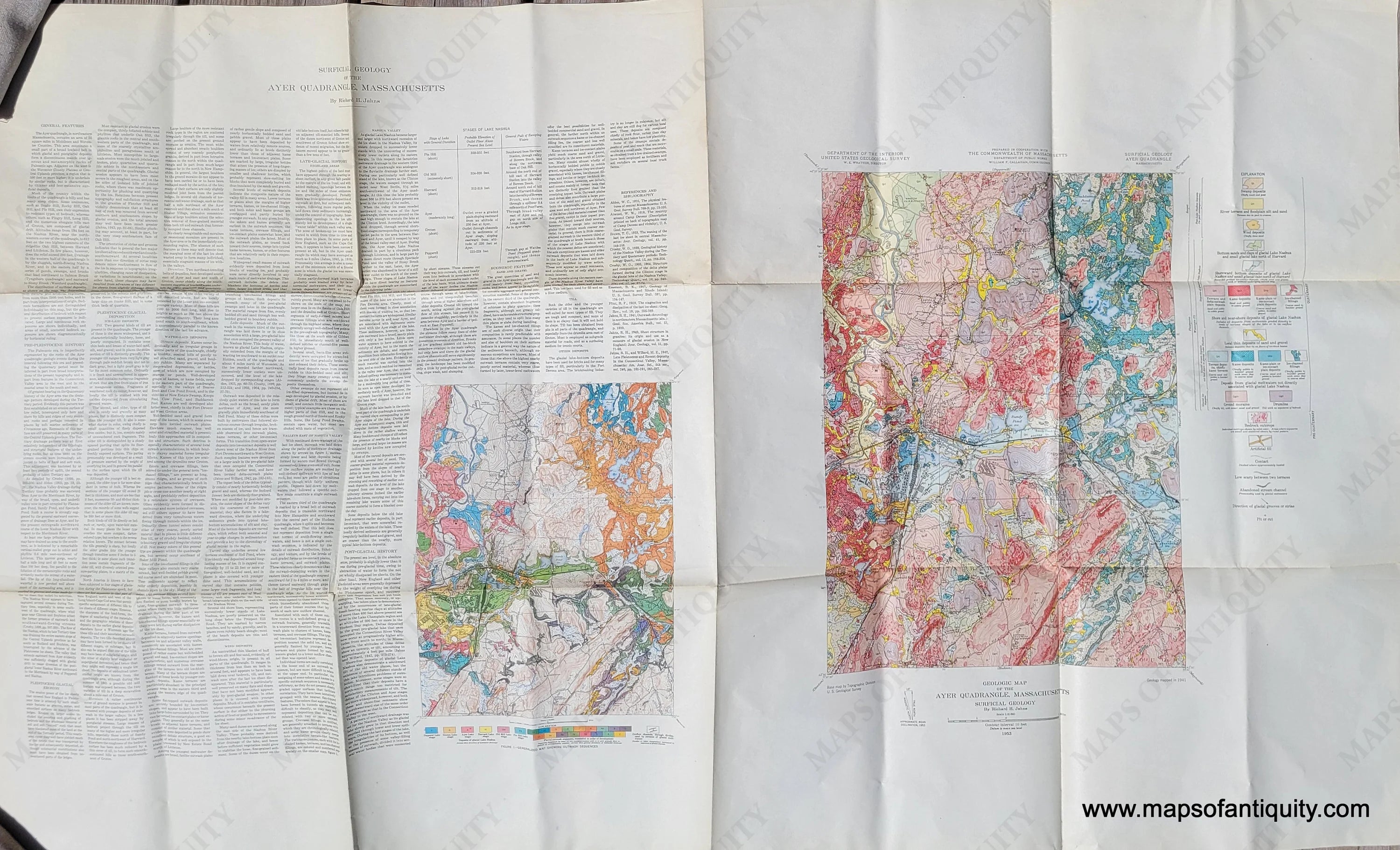 1953 Genuine Vintage Map Surficial Geology of the Ayer Quadrangle ...