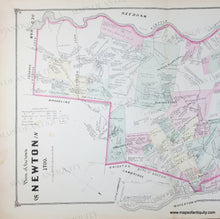 Load image into Gallery viewer, Antique map of Newton MA focusing on history, with original hand-coloring in tones of pink, green, yellow, orange and purple. Genuine-Antique-Map-Plan-of-the-town-of-Newton-in-1700-Massachusetts--1874-Beers-Maps-Of-