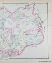 Load image into Gallery viewer, Antique map of Newton MA focusing on history, with original hand-coloring in tones of pink, green, yellow, orange and purple. Genuine-Antique-Map-Plan-of-the-town-of-Newton-in-1700-Massachusetts--1874-Beers-Maps-Of-