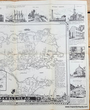 Load image into Gallery viewer, Black and white map of Marblehead MA with illustrations around it. Genuine-Map-Marblehead-1950-New-England-Map-Co-Maps-Of-Antiquity
