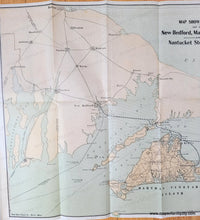 Load image into Gallery viewer, Original printed color tan for land and blue for water. Genuine-Antique-booklet-with-Map-Map-Showing-Route-of-the-New-Bedford-Marthas-Vineyard-and-Nantucket-Steamboat-Co.-1900-Rand-Avery-Supply-Co.-Maps-Of-Antiquity