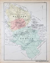Load image into Gallery viewer, Antique map of the towns of Newton, waltham, and watertown MA in original hand-coloring of yellow, green, orange, and purple.