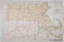 Load image into Gallery viewer, Antique Map of Massachusetts on a white background with original vintage tones of yellow, red, and blue