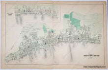 Load image into Gallery viewer, Antique map showing the Village of Provincetown in antique green tones with darker green for cemeteries, parks, schools, public spaces. Many wharves reflect the seafaring nature of the commerce at the time.
