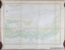 Load image into Gallery viewer, Antique coastal chart showing Sandy Neck and Barnstable Harbor with water depths, some road and building details, and notes about sailing and dangers of the area. Recently colored with green in most of the land except along the beach of Sandy Neck, and blue in the water.