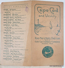 Load image into Gallery viewer, Cover for a map of Cape COd and VIcinity brown paper with green printing including a seal that says Come to Cape Cod, we face four seas with an image of cape cod and the seas labeled: Massachusetts Bay, Atlantic Ocean, Nantucket Sound, and Buzzards Bay.