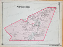 Load image into Gallery viewer, This map of the town of Winchester, MA has early printed color in a vibrant pink, and the map of East Lexington center on the back side has green printed color. Antique-Hand-Colored-Map-Winchester-verso-East-Lexington-(MA)-Middlesex--1875-Beers-Maps-Of-Antiquity