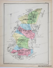 Load image into Gallery viewer, Antique map with original colors of yellow, pink, blue, and green. Antique-Map-Winchester-Arlington-Belmont-Watertown-(MA)-Massachusetts--1889-Walker-Maps-Of-Antiquity