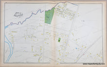 Load image into Gallery viewer, Antique map with original colors of yellow, pink, blue, and green. shows streets and buildings. part of Arlington.