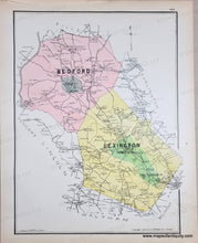Load image into Gallery viewer, Antique map with original colors of yellow, pink, blue, and green. Towns of bedford and lexington