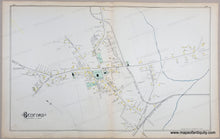 Load image into Gallery viewer, Antique map with original colors of yellow, blue, and green. Shows streets and buildings. Bedford Massachusetts