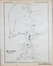 Load image into Gallery viewer, Antique map with original colors of yellow, blue, and green. Shows streets and buildings. Billerica Massachusetts