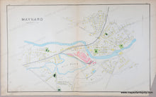 Load image into Gallery viewer, Antique map with original colors of yellow, pink, blue, and green. Maynard MA village center