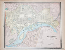 Load image into Gallery viewer, Antique map with vibrant printed colors of pink and yellow and orange for the cities and blue for the water and green for the parks and cemeteries. Antique-Map-Washington-DC-Pittsburgh-Allegheny-City--Pennsylvania-Richmond-Manchester-Virginia-Cram-1900