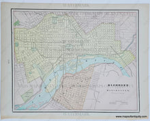 Load image into Gallery viewer, Antique map with vibrant printed colors of pink and yellow and orange for the cities and blue for the water and green for the parks and cemeteries. Antique-Map-Washington-DC-Pittsburgh-Allegheny-City--Pennsylvania-Richmond-Manchester-Virginia-Cram-1900