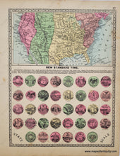 Load image into Gallery viewer, Antique double-sided sheet from Tunison's Peerless Universal Atlas of the World, 1887 by H.C. Tunison. On one side is a map of Virginia, West Virginia, Maryland, Delaware, and DC with an inset of part of Virginia, the centerfold of the page is a map of New York, and on the other side is a map showing the new Standard Time Zones and state seals. Decorative border and cartouche. Vibrant original color.