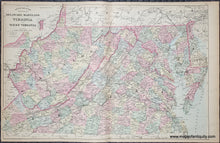 Load image into Gallery viewer, Antique Map of Delaware, Maryland, Virginia, and West Virginia from an old atlas. Antique-Hand-Colored-Map-Double-sided-sheet-with-multiple-maps:-Centerfold---County-Map-of-the-States-of-Delaware-Maryland-Virginia-and-West-Virginia-;-versos:-Plan-of-the-City-of-Washington-The-Capitol-of-the-United-States-of-America-/-Plan-of-Baltimore-United-States-Mid-Atlantic-1885-Mitchell-Maps-Of-Antiquity-1800s-19th-century