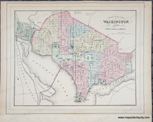 Load image into Gallery viewer, Antique map of the city of Washington, D.C. Antique-Hand-Colored-Map-Double-sided-sheet-with-multiple-maps:-Centerfold---County-Map-of-the-States-of-Delaware-Maryland-Virginia-and-West-Virginia-;-versos:-Plan-of-the-City-of-Washington-The-Capitol-of-the-United-States-of-America-/-Plan-of-Baltimore-United-States-Mid-Atlantic-1885-Mitchell-Maps-Of-Antiquity-1800s-19th-century