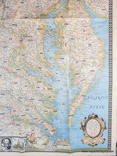 Load image into Gallery viewer, Map of Virginia, Maryland, Delaware in vintage style and colors with historical illustrations at top and bottom. Genuine-Antique-Map-Historic-and-Scenic-Reaches-of-the-Nations-Capital-1938-National-Geographic-Maps-Of-Antiquity