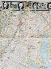 Load image into Gallery viewer, Map of Virginia, Maryland, Delaware in vintage style and colors with historical illustrations at top and bottom. Genuine-Antique-Map-Historic-and-Scenic-Reaches-of-the-Nations-Capital-1938-National-Geographic-Maps-Of-Antiquity