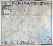 Load image into Gallery viewer, Map of Virginia, Maryland, Delaware in vintage style and colors with historical illustrations at top and bottom. Genuine-Antique-Map-Historic-and-Scenic-Reaches-of-the-Nations-Capital-1938-National-Geographic-Maps-Of-Antiquity