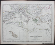 Load image into Gallery viewer, Antique-Map-Keith-Johnston-1880-1880s-1800s-Late-19th-Century-Basin-of-the-Mediterranean-Europe-Maltese-Islands-Maps-of-Antiquity