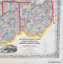 Load image into Gallery viewer, Close up of Antique-Hand-Colored-Map-Guide-through-Ohio-Michigan-Indiana-Illinois-Missouri-Wisconsin-Iowa-Minnesota-Nebraska-and-Kansas.-Showing-the-Township-lines-of-the-United-States-Surveys-Location-of-Cities-Towns-Villages-Post-Hamlets-Canals-Rail-and-Stage-Roads.-Midwest-General--1856-Smith-Maps-Of-Antiquity