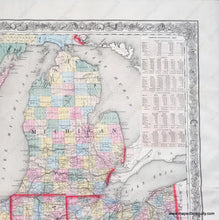 Load image into Gallery viewer, Close up of Antique-Hand-Colored-Map-Guide-through-Ohio-Michigan-Indiana-Illinois-Missouri-Wisconsin-Iowa-Minnesota-Nebraska-and-Kansas.-Showing-the-Township-lines-of-the-United-States-Surveys-Location-of-Cities-Towns-Villages-Post-Hamlets-Canals-Rail-and-Stage-Roads.-Midwest-General--1856-Smith-Maps-Of-Antiquity