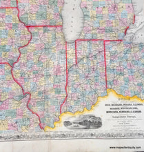 Load image into Gallery viewer, Close up of Antique-Hand-Colored-Map-Guide-through-Ohio-Michigan-Indiana-Illinois-Missouri-Wisconsin-Iowa-Minnesota-Nebraska-and-Kansas.-Showing-the-Township-lines-of-the-United-States-Surveys-Location-of-Cities-Towns-Villages-Post-Hamlets-Canals-Rail-and-Stage-Roads.-Midwest-General--1856-Smith-Maps-Of-Antiquity