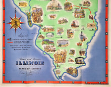 Load image into Gallery viewer, Vintage illustrated map of the State of Illinois, featuring a light green state of Illinois surrounded by blue background with numerous small colorful drawings of landmarks, people, and scenes across the state. A decorative compass rose and legend appear on the left side.