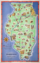 Load image into Gallery viewer, Vintage illustrated map of the State of Illinois, featuring a light green state of Illinois surrounded by blue background with numerous small colorful drawings of landmarks, people, and scenes across the state. A decorative compass rose and legend appear on the left side.