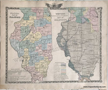 Load image into Gallery viewer, Antique-Hand-Colored-Map-Political-Map-of-Illinois-/-Worthens-Geological-and-Climate-Map-of-Illinois;-verso:-Five-small-cities-of-Illinois-1876-Warner-&-Beers-/-Union-Atlas-Co.-Midwest-1800s-19th-century-Maps-of-Antiquity