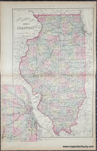 Load image into Gallery viewer, Antique map of Illinois with colorful county boundaries. Antique map with original color in tones of pink, green, yellow, and orange. Antique-Hand-Colored-Map-Chicago-County-and-Township-Map-of-the-State-of-Illinois-verso-Plan-of-Cincinnati-and-Vicinity--United-States-Illinois-1885-Mitchell-Maps-Of-Antiquity