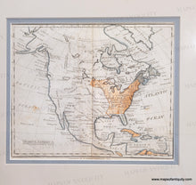 Load image into Gallery viewer, Antique map of north america with orange coloring in the US, which only stretched from the Atlantic to the Mississippi River. Blue line coloring along the coast. Additional color in other places, grey-teal in florida and Nova Scotia, orange in CUba, etc. Framed in a slightly ornate champagne colored frame with an off-white outer mat and a small blue inner mat.