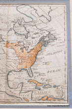 Load image into Gallery viewer, Antique map of north america with orange coloring in the US, which only stretched from the Atlantic to the Mississippi River. Blue line coloring along the coast. Additional color in other places, grey-teal in florida and Nova Scotia, orange in CUba, etc. Framed in a slightly ornate champagne colored frame with an off-white outer mat and a small blue inner mat.