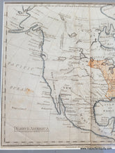 Load image into Gallery viewer, Antique map of north america with orange coloring in the US, which only stretched from the Atlantic to the Mississippi River. Blue line coloring along the coast. Additional color in other places, grey-teal in florida and Nova Scotia, orange in CUba, etc. Framed in a slightly ornate champagne colored frame with an off-white outer mat and a small blue inner mat.