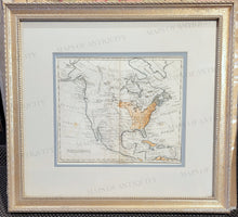 Load image into Gallery viewer, Antique map of north america with orange coloring in the US, which only stretched from the Atlantic to the Mississippi River. Blue line coloring along the coast. Additional color in other places, grey-teal in florida and Nova Scotia, orange in CUba, etc. Framed in a slightly ornate champagne colored frame with an off-white outer mat and a small blue inner mat.