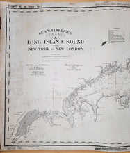 Load image into Gallery viewer, Black and white antique chart of Long Island Sound showing the coast lines of Connecticut and Northern Long Island. Some small red dots indicate beacons and light houses. Black-and-White-Linen-Backed-Antique--Nautical-Chart-Eldridge's-Chart-of-Long-Island-Sound-New-York-city-to-new-london-Connecticut-Long-Island-1916-Eldridge-Maps-Of-Antiquity