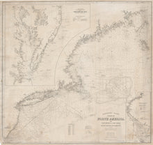 Load image into Gallery viewer, A mostly black and white antique sailing chart with some original hand-coloring on the locations of lighthouses and light ships, lightly tanned background from age.