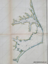 Load image into Gallery viewer, Light blue in the water along the coast and light green along the coast for the land. Antique-Hand-Colored-Coastal-Chart-Outer-Banks-North-Carolina-Pamlico-and-Albemarle-Sound-NC-Sketch-D-Section-IV-Triangulation-Chart---United-States-South-1851-U.S.-Coast-Survey-Maps-Of-Antiquity