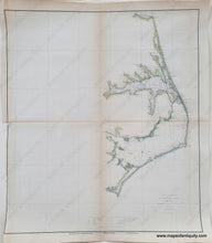 Load image into Gallery viewer, Light blue in the water along the coast and light green along the coast for the land. Antique-Hand-Colored-Coastal-Chart-Outer-Banks-North-Carolina-Pamlico-and-Albemarle-Sound-NC-Sketch-D-Section-IV-Triangulation-Chart---United-States-South-1851-U.S.-Coast-Survey-Maps-Of-Antiquity