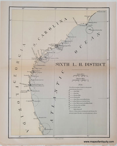 Antique-Map-Lighthouses-South-Atlantic-South-Carolina-Georgia-Florida-Cape-Fear-Savannah-Charleston-Light-Houses-1880s-19th-century-chart