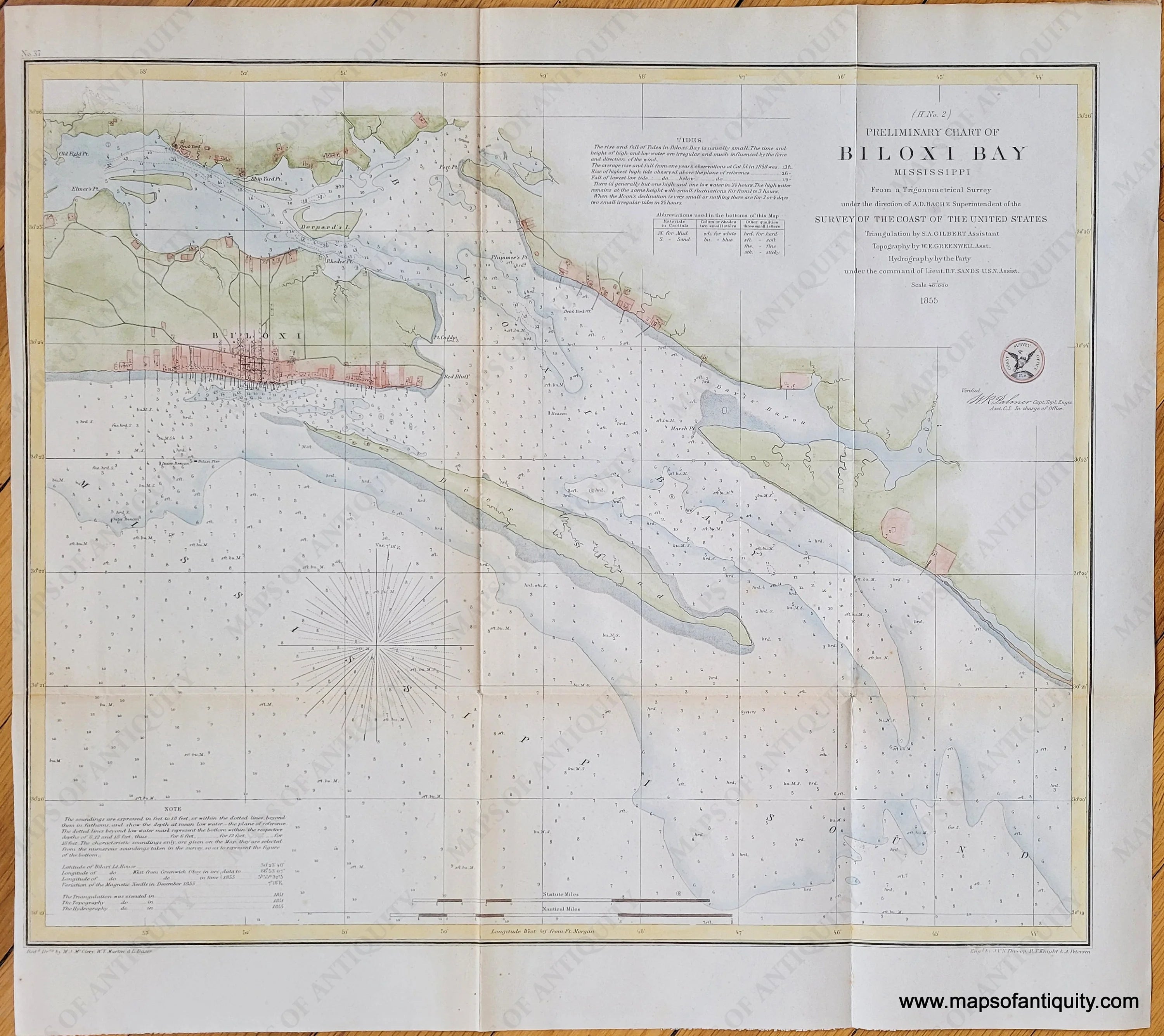 1855 Biloxi Bay Mississippi Ocean Springs Antique Coast Chart Map