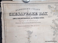 Load image into Gallery viewer, Large Antique sailing chart of Chesapeake Bay with water depths, cities, coastlines. small spots of original color indicates lighthouses.