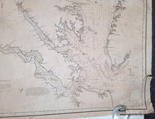 Load image into Gallery viewer, Large Antique sailing chart of Chesapeake Bay with water depths, cities, coastlines. small spots of original color indicates lighthouses.
